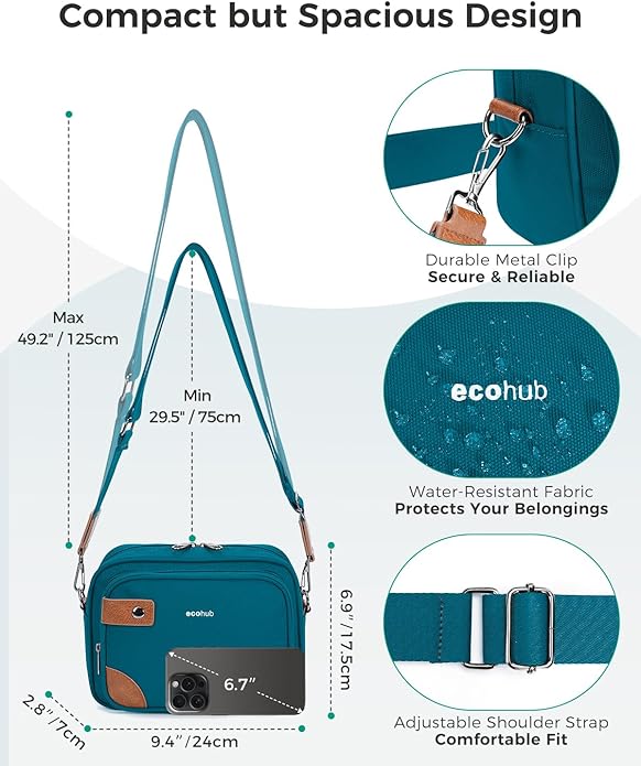 ECOHUB Crossbody Bag for Women Men, Multi Pocket Anti-Theft Travel Purse with RFID Blocking, Oxford PU Shoulder Bag