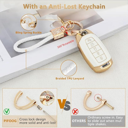 PIFOOG for Elantra Key Fob Cover Palisade 2023 2022 2021 2020 5 Buttons Car Keys Case Shell Protector Holder Glittering Keychain Accessories Girly Women Cute TPU Gold White