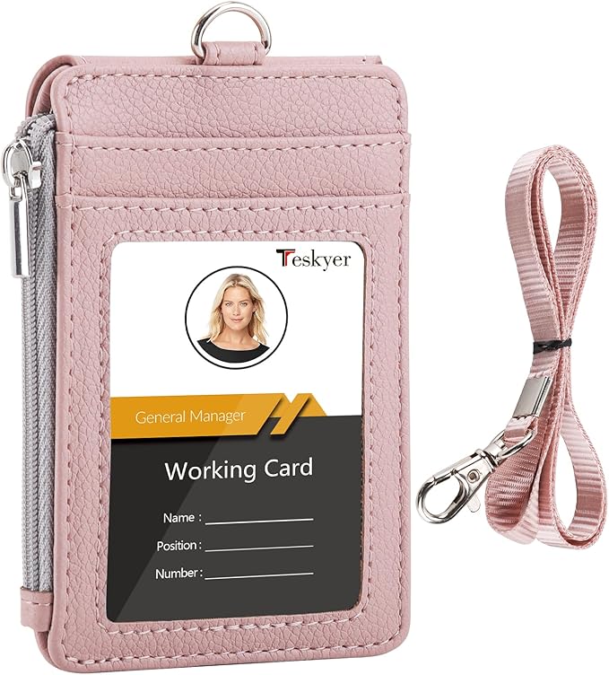 Teskyer Badge Holder with Side Zip Pocket, Multiple Card Slots Leather ID Holder Wallet with Neck Lanyard for Office Staffs, Teachers/Students, Workers, Cruise Cards, Bus/Metro Cards, Lichee Dark Pink