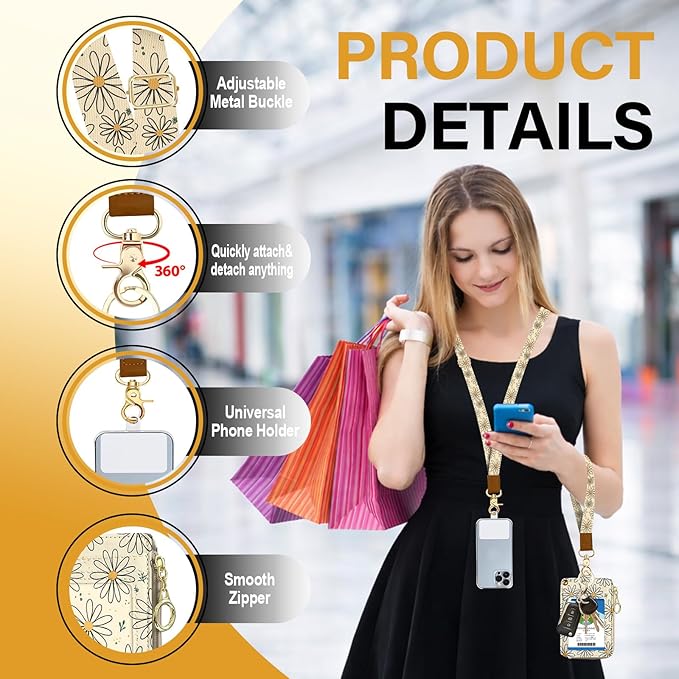 Flower Lanyard Wallet Women, Id Badge Holder with Neck & Wristlet Lanyard, Pu Leather Zipper Id Card Holder with Lanyard, Id Badge with RFID Keychain Wallet for Women Office Gifts