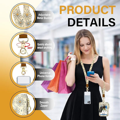 Flower Lanyard Wallet Women, Id Badge Holder with Neck & Wristlet Lanyard, Pu Leather Zipper Id Card Holder with Lanyard, Id Badge with RFID Keychain Wallet for Women Office Gifts