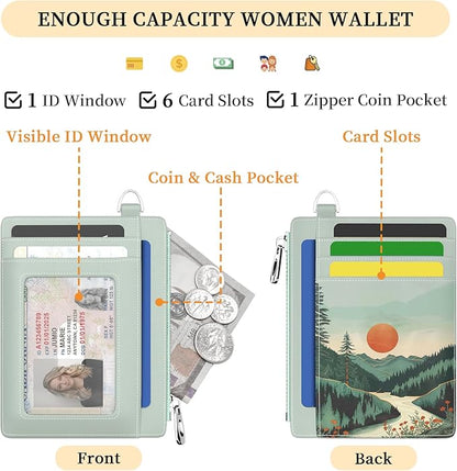 Hancynir Sunrise Mountain Small Wallet Women Credit Card Holder, Slim RFID Blocking Keychain Card Wallets, Mini Front Pocket PU Leather Thin Travel Zipper Coin Cash Ladies Wallet Organizer Gifts