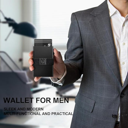 TOYFID Slim Wallet for Men,Black RFID Blocking Card Holder with Expandable Backplate Money Clip & ID Window Quick Access Minimalist Metal Pop Up Wallet,Holds 12+ Credit Cards/Passport/ID Cards