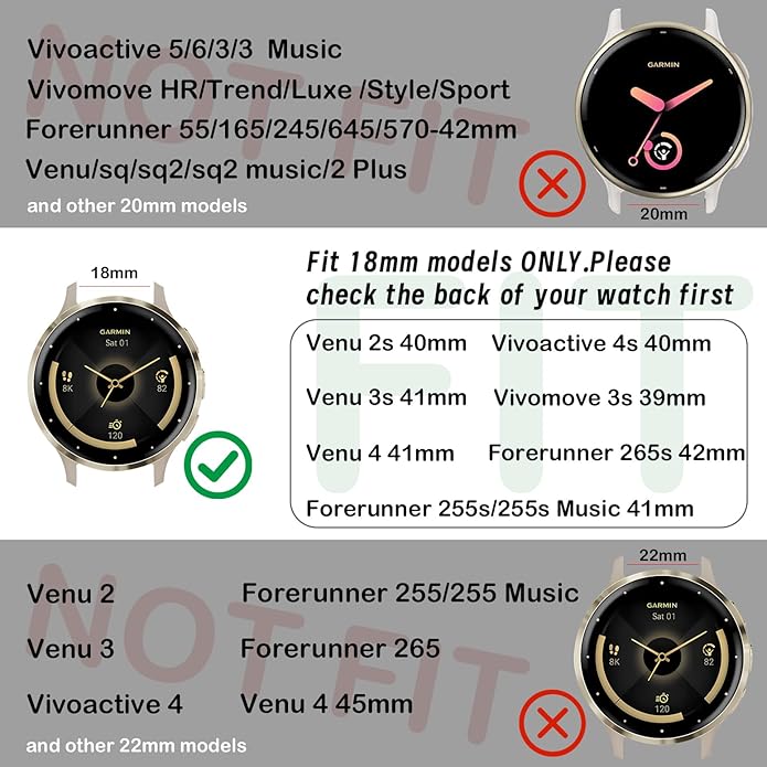 18mm Slim Leather Band Compatible with Garmin Venu 3S 41mm/Venu 4 41mm/Venu 2S/Vivoactive 4S/Vivomove 3S/Forerunner 255S/Forerunner 265S, Quick Release Thin Narrow Soft Strap for Women Men