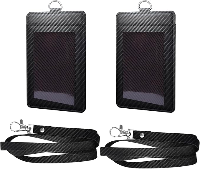 Carbon Fiber Work ID Card Holder with Lanyard is a Stylish and Durable Card Holder with Dual Card Capacity, Clear Display Window and Privacy Back Pocket (Black(2 piece))