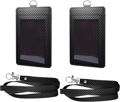 Carbon Fiber Work ID Card Holder with Lanyard is a Stylish and Durable Card Holder with Dual Card Capacity, Clear Display Window and Privacy Back Pocket (Black(2 piece))