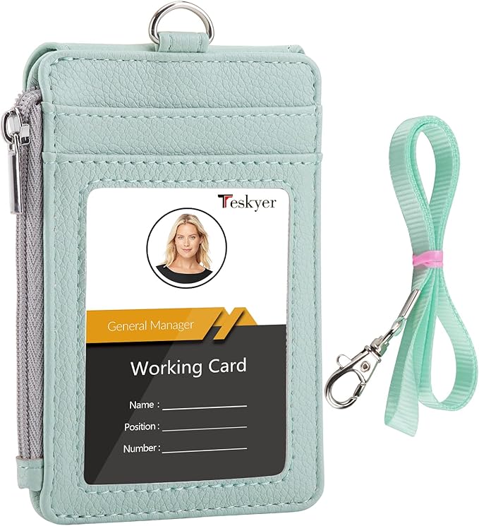 Teskyer Badge Holder with Side Zip Pocket, Multiple Card Slots Leather ID Holder Wallet with Neck Lanyard for Office, Teachers/Students, Workers, Cruise Cards, Metro Cards, Lichee Light Green