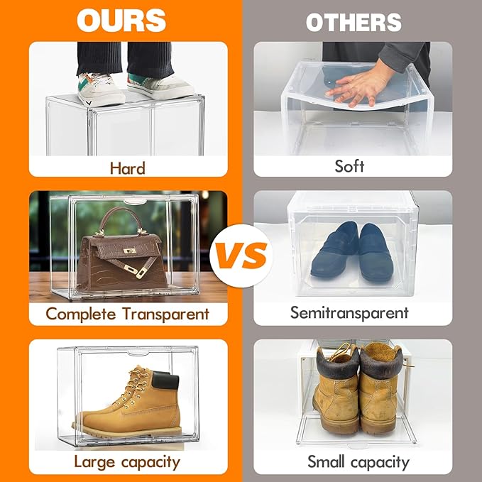 X-Large Acrylic Display Case Size 14 Sneaker Shoe Box with Magnetic Lid, Stackable Purse Organizer Handbag Storage Clear Figure Case Large Collectibles Showcase, Protection Organizer, 1 Pack