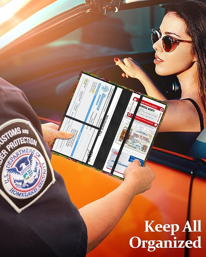 Slohif Car Registration and Insurance Holder - Blossom Vehicle Glove Box Organizer Women with Magnetic Shut Leather Automobile License Holders Coasters Auto Accessories Case for Document