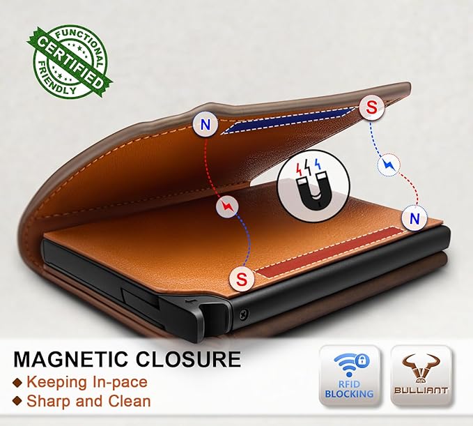 BULLIANT Men Wallet Leather Wallet Card Holders Money Clip for Men 10Cards-Magnetic Flip on Metal Case