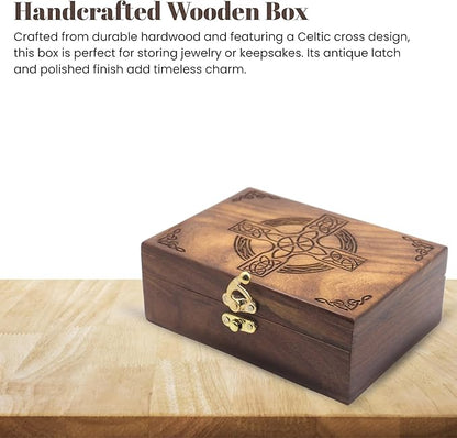 Celtic Cross Wooden Jewelry Box, Rosewood Handmade Engraved Christian Keepsake Storage Chest for Women & Men, Religious Gift Box, Vintage Wooden Treasure Organizer for Jewelry & Decor