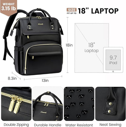 LOVEVOOK Leather Laptop Backpack for Women 18 inch,Travel Backpack Purse Nurse Teacher Backpack Computer Laptop Bag,Professional College Business Work Bags Carry On Backpack with USB Port,Black
