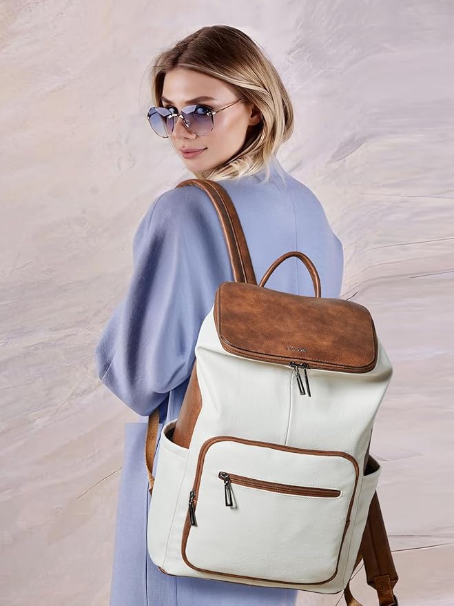 Leather Laptop Backpack for Women, 15.6 Inch Travel Backpack with Laptop Compartment, Casual Daypack Fashion Travel Backpack Purse for Travel College Work, Beige Brown