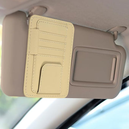 HARFINGTON Car Sun Visor Organizer 6.02" x 4.76" Leather Multi-Pocket Visor Card Sleeve Pocket Car Truck SUV Interior Storage Pouch for Driving License Credit Cards Bills Sunglasses, Beige