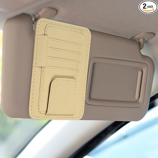 HARFINGTON 2Pcs Car Sun Visor Organizer 6.02" x 4.76" Leather Multi-Pocket Visor Card Sleeve Pocket Car Truck SUV Interior Storage Pouch for Driving License Credit Card Bill Sunglasses, Beige