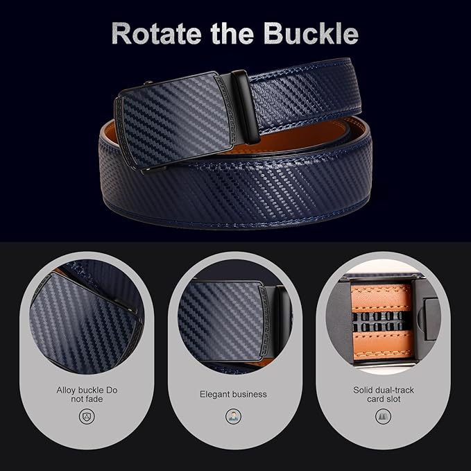 Men's Ratchet Belt Genuine Leather No-Hole Slide Buckle - Adjustable Men's Dress & Casual Belt