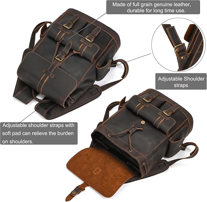 LUUFAN Genuine Leather Backpack for Men Casual Laptop Shoulder Bag Rucksack with Anti-Theft Pocket Travel Daypack, Dark Brown
