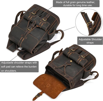 LUUFAN Genuine Leather Backpack for Men Casual Laptop Shoulder Bag Rucksack with Anti-Theft Pocket Travel Daypack, Dark Brown