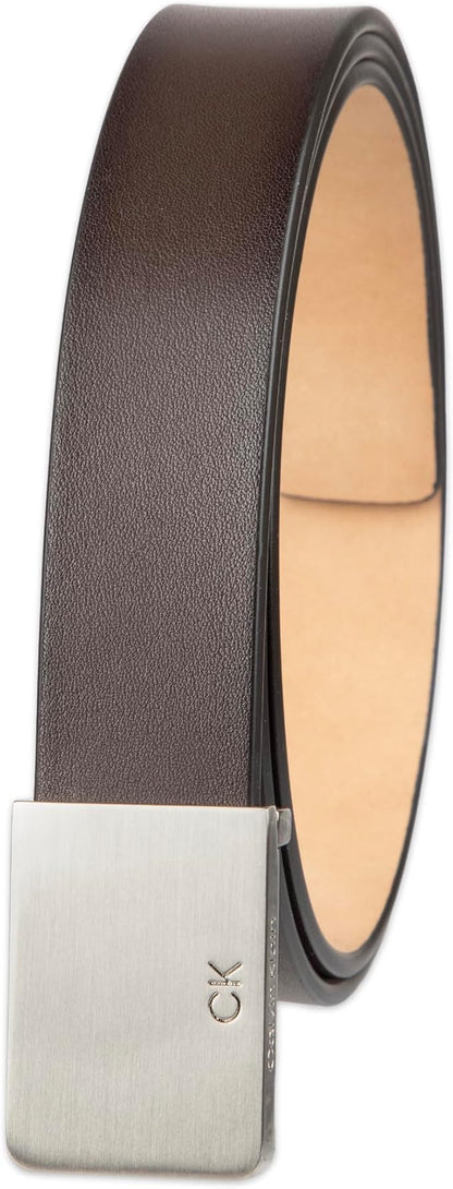 Calvin Klein Men's Plaque Buckle Belt - Casual Modern Style With Logo Detail for Jeans and Dress Pants