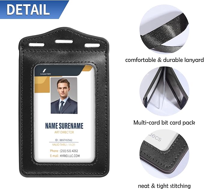 Badge Holder with Lanyard,Trifold Leather ID Card Holder with Clear ID Window,5 Card Slots for Name Tag,Credit Card,Bank Card and Passport(Black)