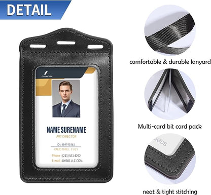 Badge Holder with Lanyard,Trifold Leather ID Card Holder with Clear ID Window,5 Card Slots for Name Tag,Credit Card,Bank Card and Passport(Black)