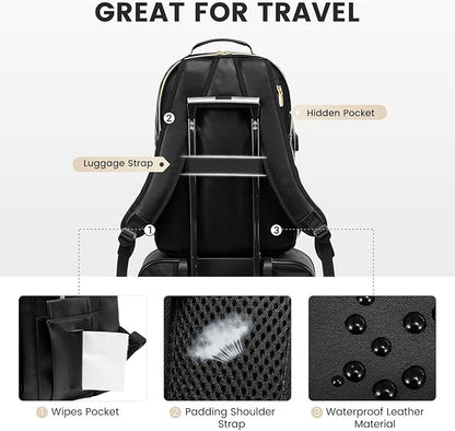 LOVEVOOK Laptop Backpack Purse for Women, Large Capacity Travel Computer Work Bag, Faux PU Leather Quilted Casual Nurse Backpack for Womens, Fit 15.6 Inch Laptop with USB Port, Black