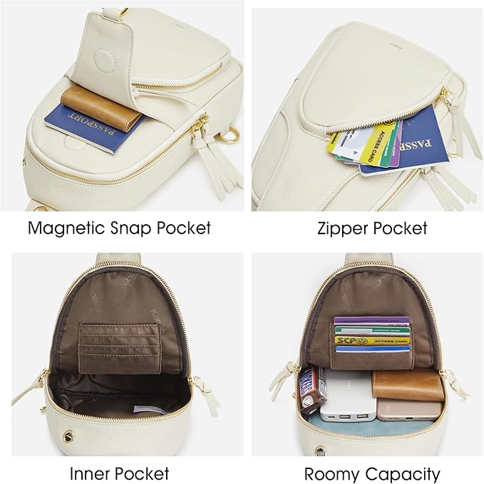Kattee Sling Bag for Women, Leather Fanny Packs Crossbody Purse, Small Chest Bag with RFID Blocking, Beige
