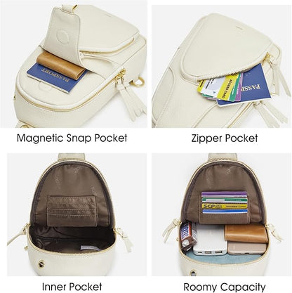 Kattee Sling Bag for Women, Leather Fanny Packs Crossbody Purse, Small Chest Bag with RFID Blocking, Beige