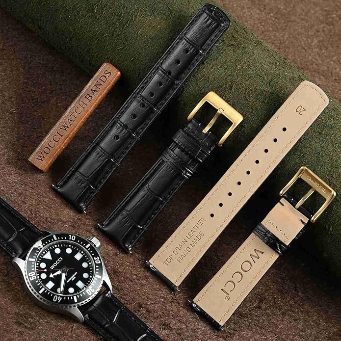 WOCCI Watch Bands, Top Grain Leather, Embossed Alligator Grain, Quick Release, Band Width 18mm 20mm 22mm