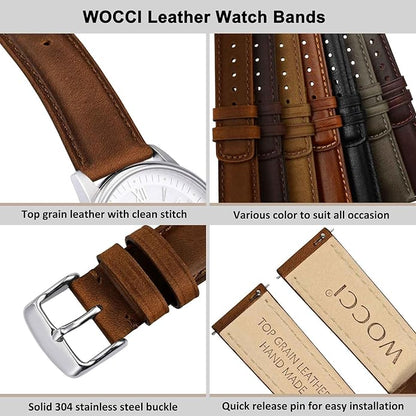 WOCCI Quick Release Watch Band, Distressed Genuine Leather, Stainless Steel Buckle, Strap Width 18mm 19mm 20mm 22mm 24mm