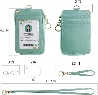 bolimoss ID Badge Holder with Lanyard Wallet, PU Leather ID Badge Card Holder with 1 Clear ID Window, 4 Credit Card Slots, 1 Cash Coin Slot and Neck Lanyard,Phone Holder, Ring Key Chain (Green)