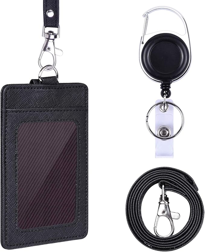 Wisdompro Retractable Badge Holder with Lanyard, Double Sided PU Leather ID Card Holder with Carabiner Badge Reel Clip and 18.8 inch Neck Lanyard - Black, Vertical