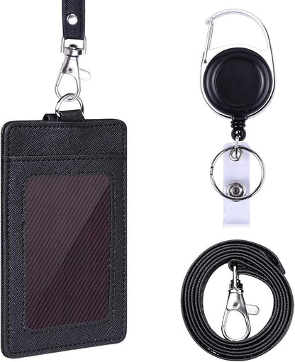 Wisdompro Retractable Badge Holder with Lanyard, Double Sided PU Leather ID Card Holder with Carabiner Badge Reel Clip and 18.8 inch Neck Lanyard - Black, Vertical