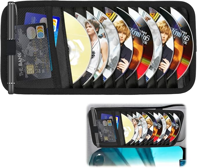 Sun Visor CD Holder, 12-Capacity Car Visor Organizer with DVD Sleeves and Mesh Pocket, Universal Visor Storage for Vehicle CD Case and Pen Holder Ergonomic Design (Black 1 Pcs)