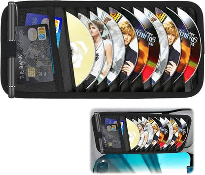 Sun Visor CD Holder, 12-Capacity Car Visor Organizer with DVD Sleeves and Mesh Pocket, Universal Visor Storage for Vehicle CD Case and Pen Holder Ergonomic Design (Black 1 Pcs)