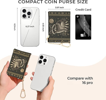 Vintage Raccoon Keychain Coin Purse for Women, Small PU Leather Change Pouch, Zipper Little Tiny Travel Wallet for Girls, Cute Kawaii Zip Pocket Coin Holder with Key Ring