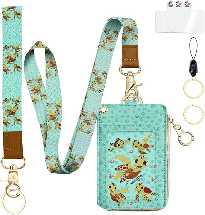 bolimoss Turtle Lanyard Wallet with ID Badge Holder,Cute RFID Leather Wristlet Keychain Lanyard with Zipper Pocket Detachable Neck Lanyard Phone Holder Keyring, Name Tag Holder for Students Teacher