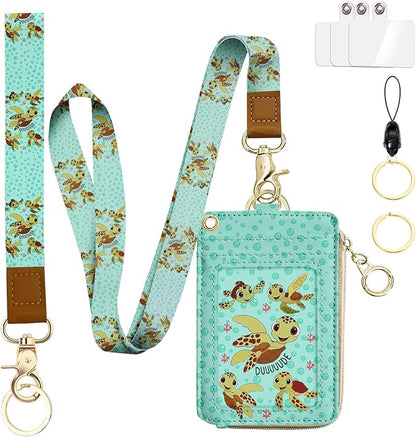 bolimoss Turtle Lanyard Wallet with ID Badge Holder,Cute RFID Leather Wristlet Keychain Lanyard with Zipper Pocket Detachable Neck Lanyard Phone Holder Keyring, Name Tag Holder for Students Teacher