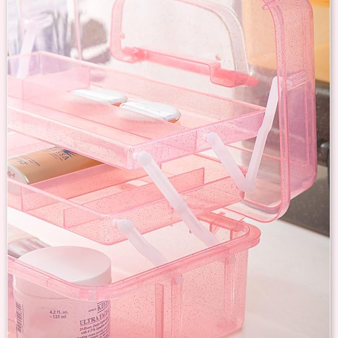 Saim Small Parts Organizer, 3-Layer Storage Box with Fixed Compartments, Ready-to-Use Portable Makeup & Hair Accessories Case, Craft Organizer for Girls Teens College Dorm - Light Pink