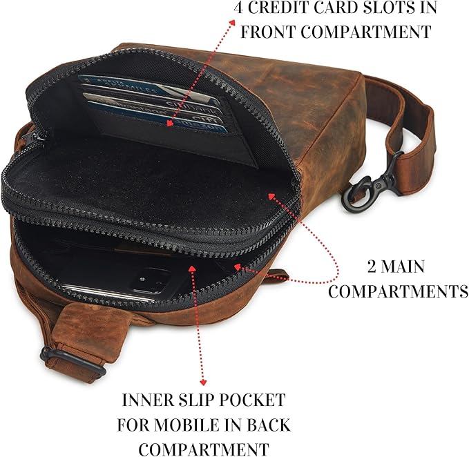 Leather Sling Bag for Women Genuine Crossbody Purse Small Trendy Cross Over Chest with Phone and Credit Card Slots (Cognac Crazy Horse)