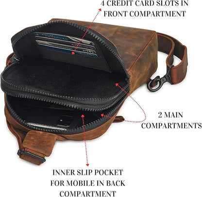 Leather Sling Bag for Women Genuine Crossbody Purse Small Trendy Cross Over Chest with Phone and Credit Card Slots (Cognac Crazy Horse)