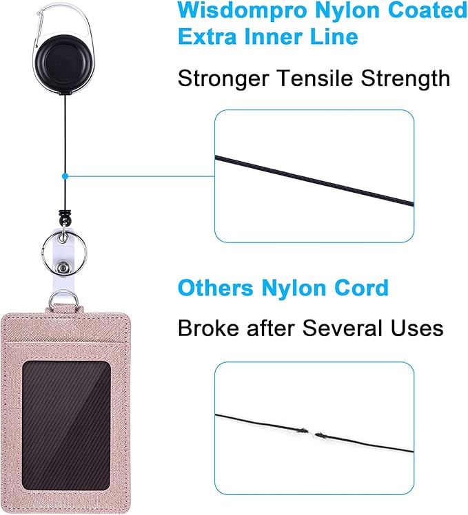 Wisdompro Retractable Badge Holder with Lanyard, Double Sided PU Leather ID Card Holder with Carabiner Badge Reel Clip and 18.8 inch Neck Lanyard - Rose Gold, Vertical
