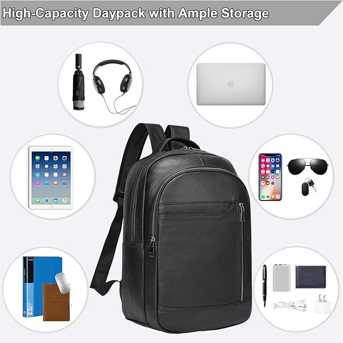 Large Capacity Black Leather Backpack for Men, 15.6 Inch Genuine Leather Laptop Backpack Business Travel Shoulder Daypacks