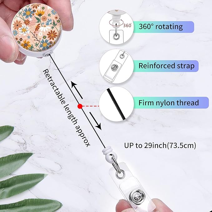 2 Pack Badge Reels Holder Retractable with ID Clip for Nurse Name Tag Card Nursing for Doctor Teacher Student Employee Office Medical Work (Hand Drawn Flower)