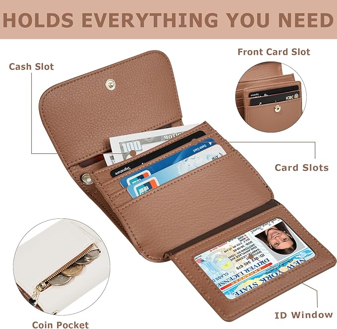 Women Small Wallet RFID Blocking Slim Wallet with Coin Pocket Tri-Fold Credit Card Holder with ID Window and Keychain(Beige＆Brown)
