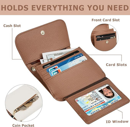 Women Small Wallet RFID Blocking Slim Wallet with Coin Pocket Tri-Fold Credit Card Holder with ID Window and Keychain(Beige＆Brown)