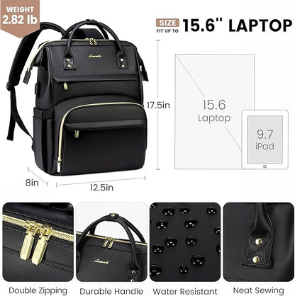 LOVEVOOK Leather Laptop Backpack for Women 17 inch,Travel Backpack Purse Nurse Teacher Backpack Computer Laptop Bag,Professional College Business Work Bags Carry On Backpack with USB Port,Black