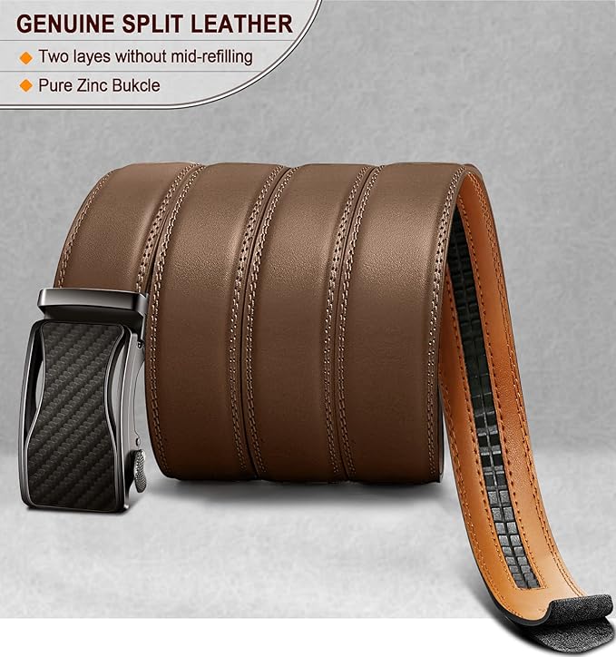 BULLIANT Mens Ratchet Belt,Leather Adjustable Slide Belt For Gift Mens Dress Casual 1 3/8",Size Adjustable