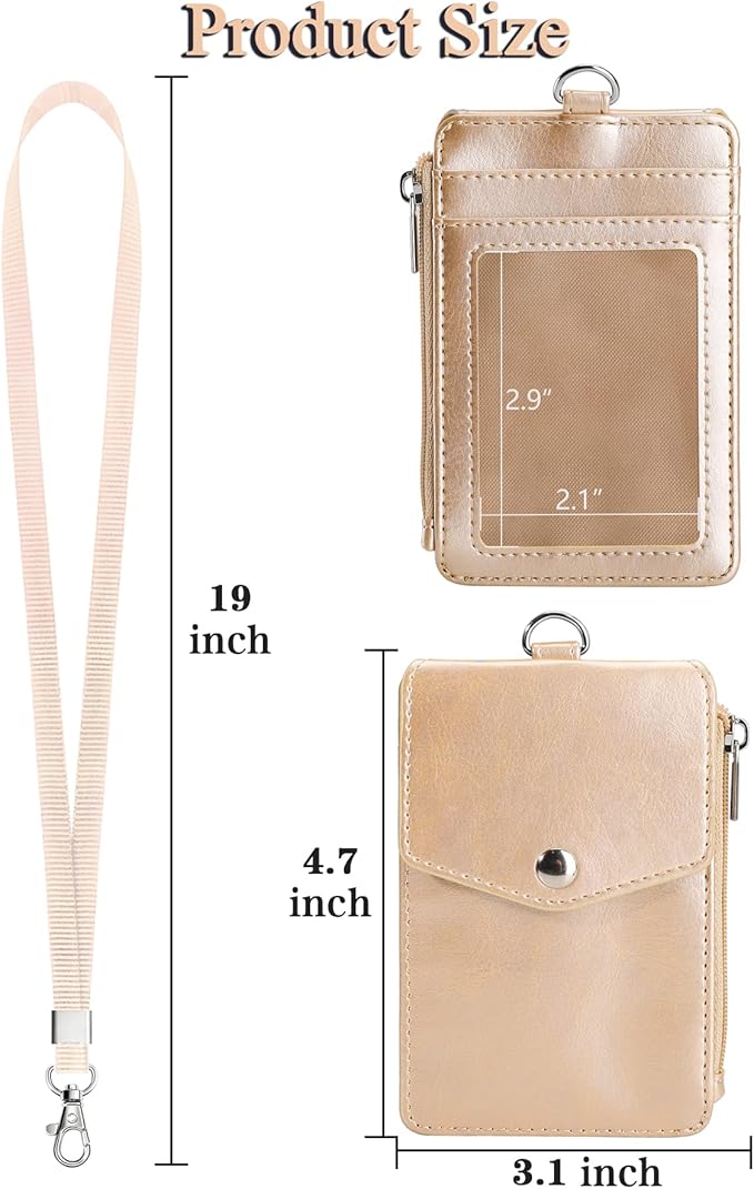 Teskyer Badge Holder with Side Zip Pocket, Multiple Card Slots Leather ID Holder Wallet with Neck Lanyard for Office Staffs, Teachers/Students, Couriers, Workers, Gold
