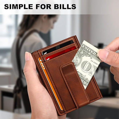 Wallet for Men 14-16 Cards, Minimalist Men Leather Wallet, Men's Front Pocket Bifold Wallets with Money Clip, Slim Thin Card Holder RFID Blocking Bill Folder Magnetic Closure Men Gifts, Reddish Brown